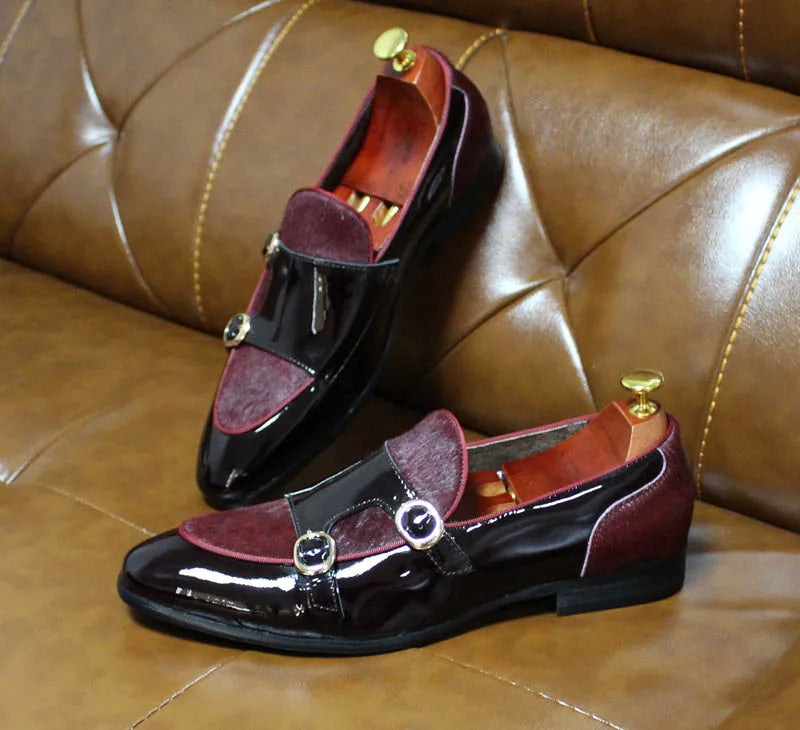 FELIX CHU Men's Patent Leather Monk Strap Dress Shoes Wedding Loafers Horse Hair Detail Casual Formal Party Gentlemen Footwear