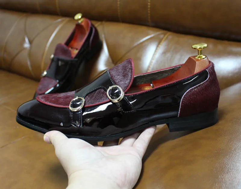 FELIX CHU Men's Patent Leather Monk Strap Dress Shoes Wedding Loafers Horse Hair Detail Casual Formal Party Gentlemen Footwear