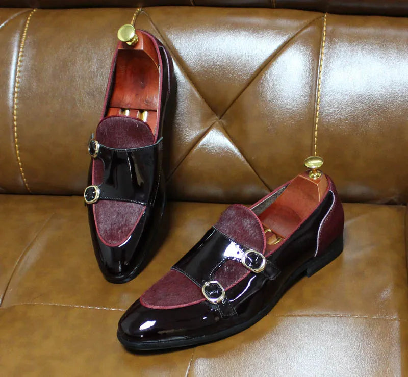 FELIX CHU Men's Patent Leather Monk Strap Dress Shoes Wedding Loafers Horse Hair Detail Casual Formal Party Gentlemen Footwear