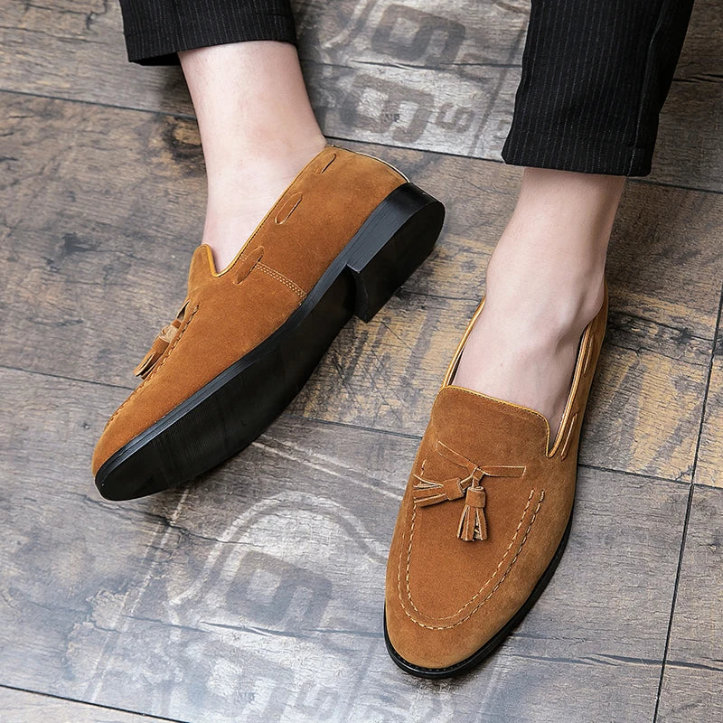 2025 New Spring Soft Suede Loafers for Men Tassel Slip On Leather Casual Shoes Yellow Moccasins Classic Business Shoes Luxury
