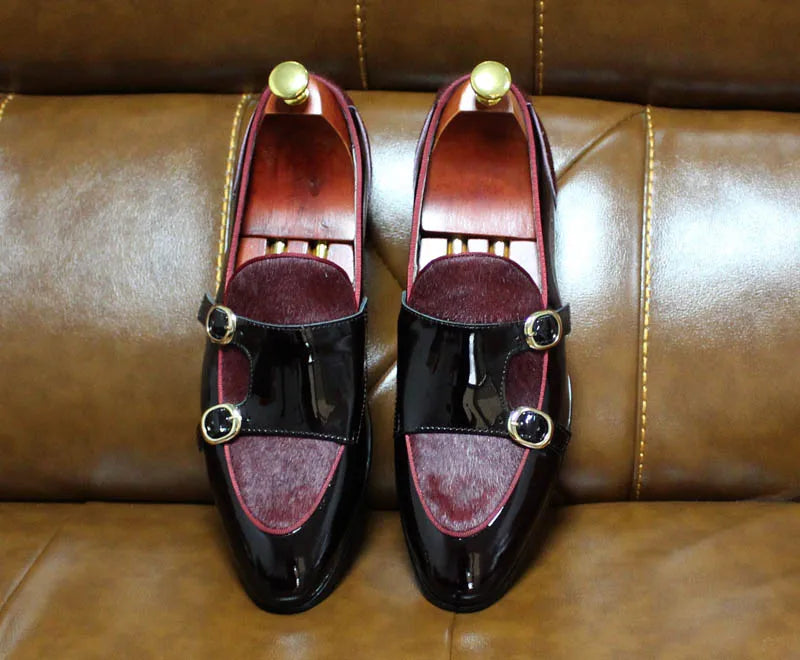 FELIX CHU Men's Patent Leather Monk Strap Dress Shoes Wedding Loafers Horse Hair Detail Casual Formal Party Gentlemen Footwear