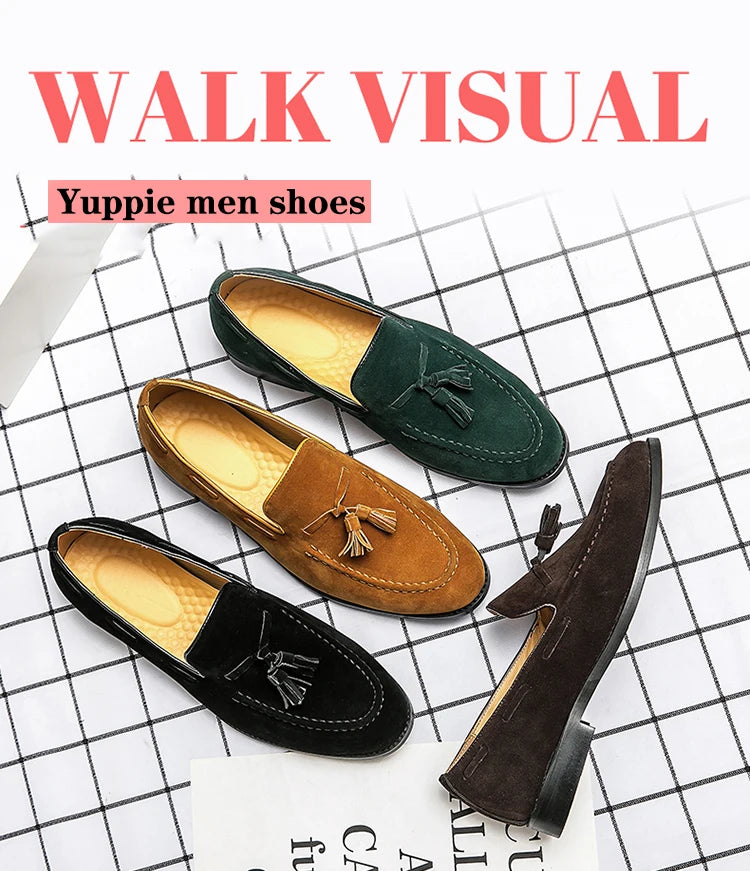2025 New Spring Soft Suede Loafers for Men Tassel Slip On Leather Casual Shoes Yellow Moccasins Classic Business Shoes Luxury