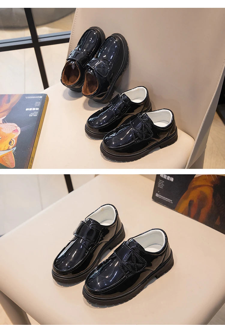 Children Fashion Leather Shoes Boys 2023 Hook & Loop Glossy Simple Black Uniform School Shoes Loafers Kids Shoes Free Shipping