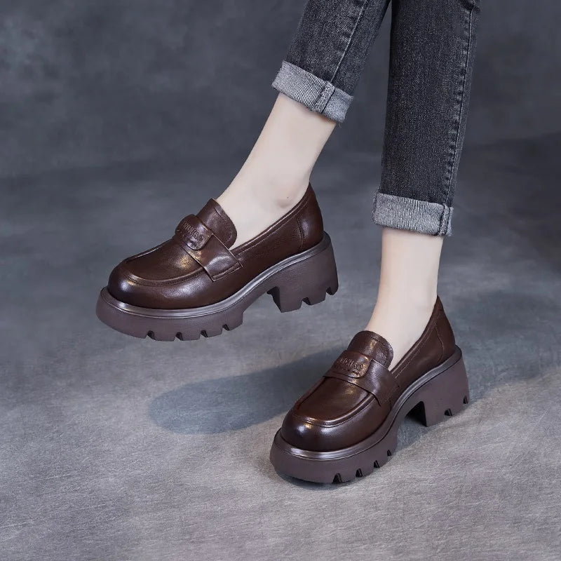 DRKANOL 2026 Spring Women Shoes Thick Heel Slip On Loafers Handmade Retro Chunky Platform Round Toe Pumps Ladies High Heel Shoes