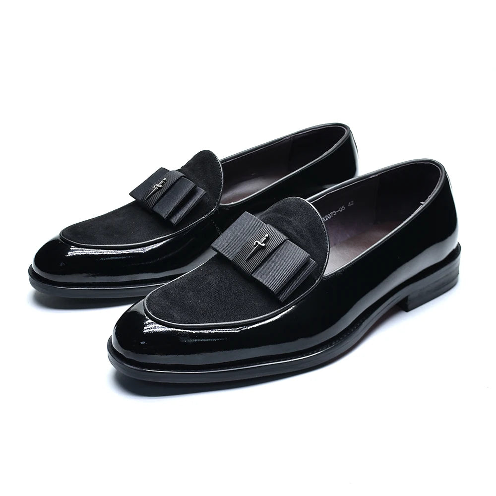 Black Red Luxury Genuine Patent Leather Men's Dress Loafer Shoes with Bowtie Wedding Party Banquet Slip-On Man Formal Shoes