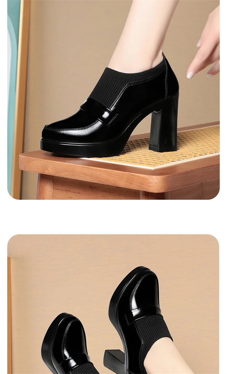 Women's One Pedal Loafer High Heel Soft Leather Shoes 2024 New Thick Bottom British Style Elastic Mouth Chunky Heel Shoes
