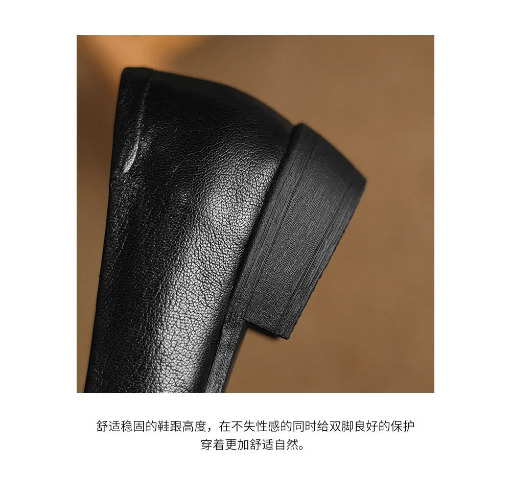 2025 spring autumn women pumps natural leather 22-25cm soft sheepskin+cowhide+pigskin pointed toe thick heel loafers women shoes