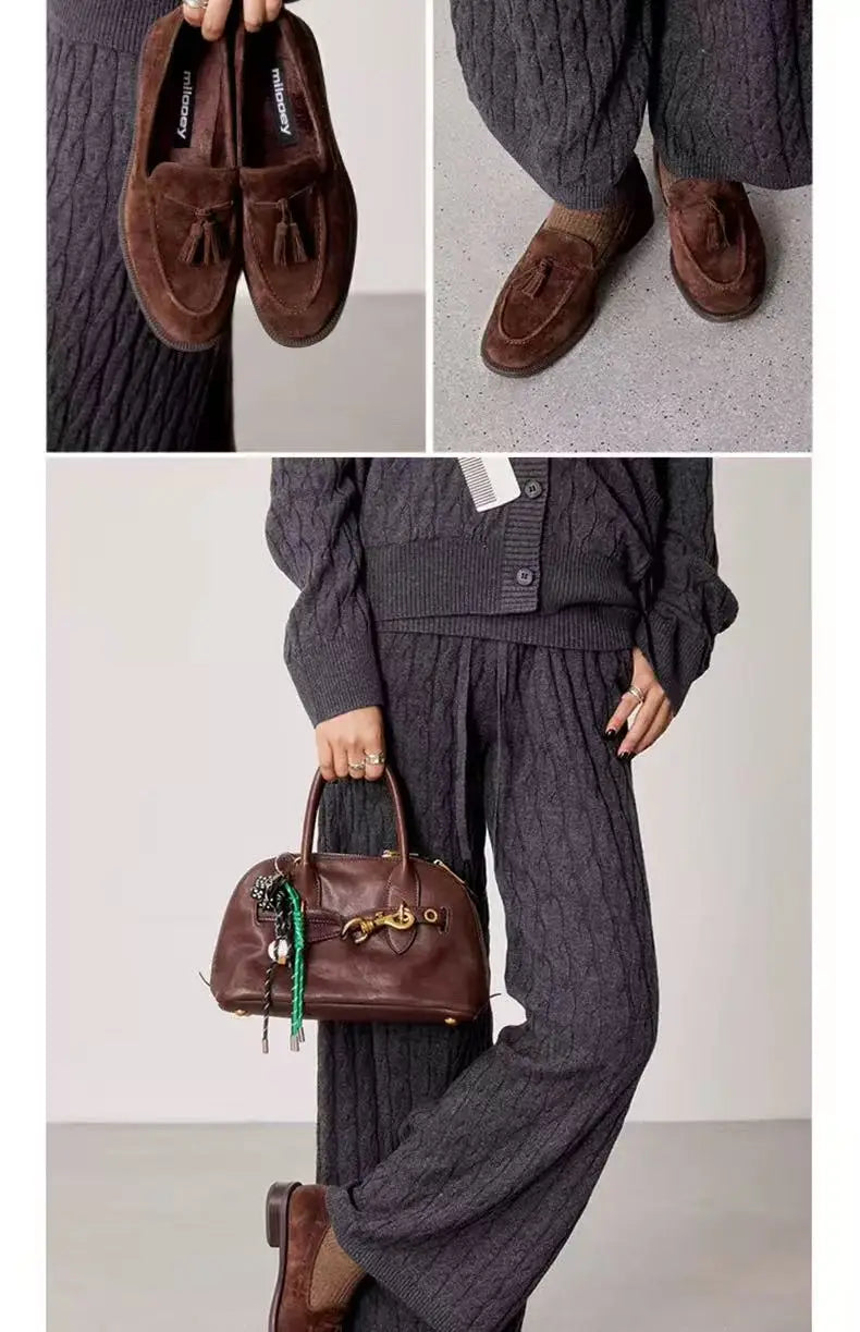 Casual Loafers Women Suede Tassel Round Toe Non-Slip Flat Shoes Women Flat Comfortable Vintage Loafers