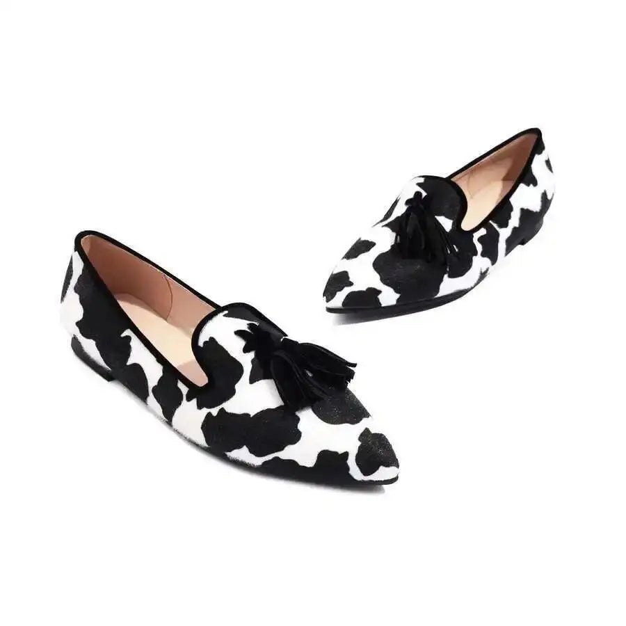Cow Print Pointed Toe Loafers Women Shoes Tassel Slip‑on Casual Flat Shoes