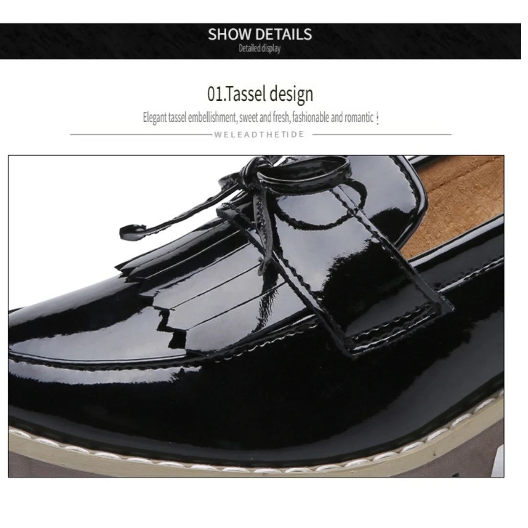 Loveontop Women Loafers Tassel Moccasins Bow-knot Round Toe Spring Autumn Ladies Slip-On Flats Handmade Genuine Leather Retro