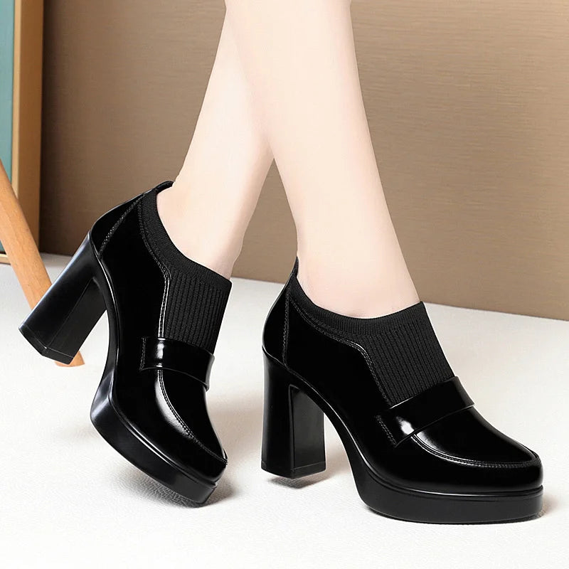 Women's One Pedal Loafer High Heel Soft Leather Shoes 2024 New Thick Bottom British Style Elastic Mouth Chunky Heel Shoes