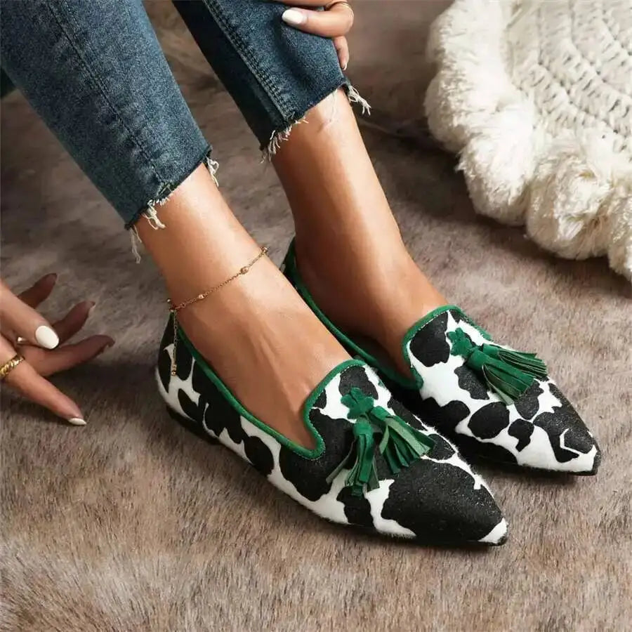 Cow Print Pointed Toe Loafers Women Shoes Tassel Slip‑on Casual Flat Shoes