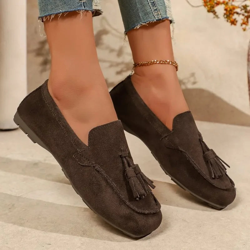 Casual Slip-on Women Square Toe Walking Driving Shoes Ladies Comfortable Loafers Tassels
