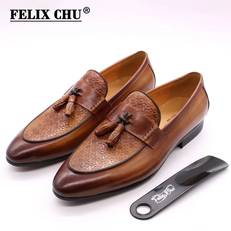 FELIX CHU Men's Genuine Leather Tassel Loafers Italian Luxury Fashion Slip-On Dress Shoes for Parties Weddings Casual Wear