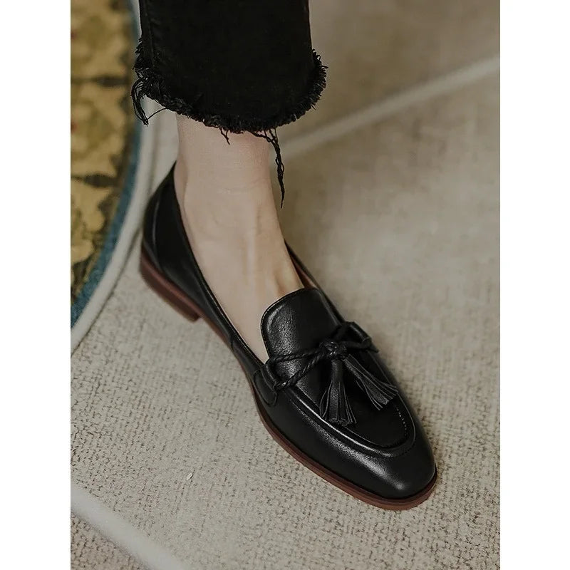 Retro British Style Square Head Women's Loafers Shoes 2022 Summer New Style Tassel Comfortable Single Shoes Women Brown Shoes