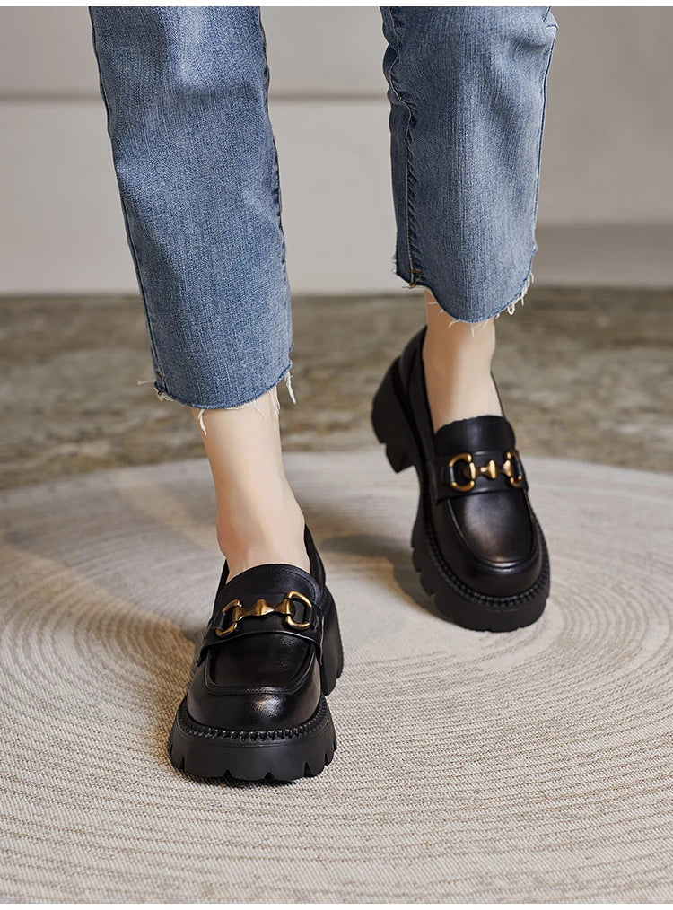 DRKANOL Women Thick Heel Loafers Slip On Pumps Spring Autumn New Design Metal Genuine Leather Round Toe High Heel Platform Shoes