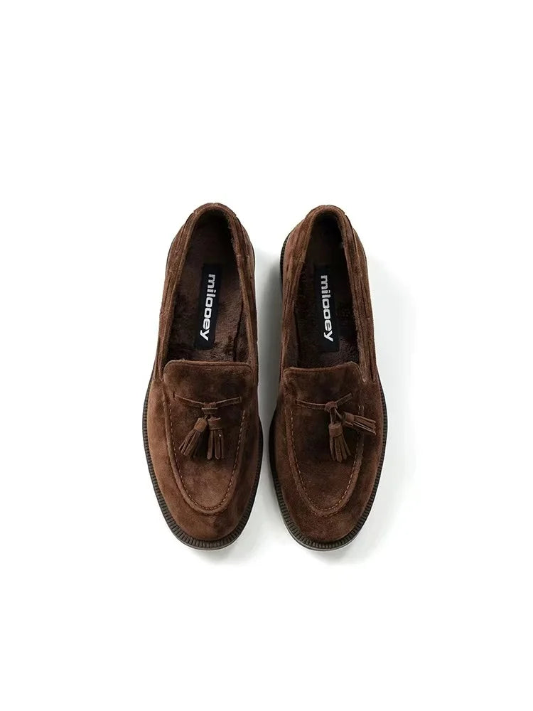 Casual Loafers Women Suede Tassel Round Toe Non-Slip Flat Shoes Women Flat Comfortable Vintage Loafers