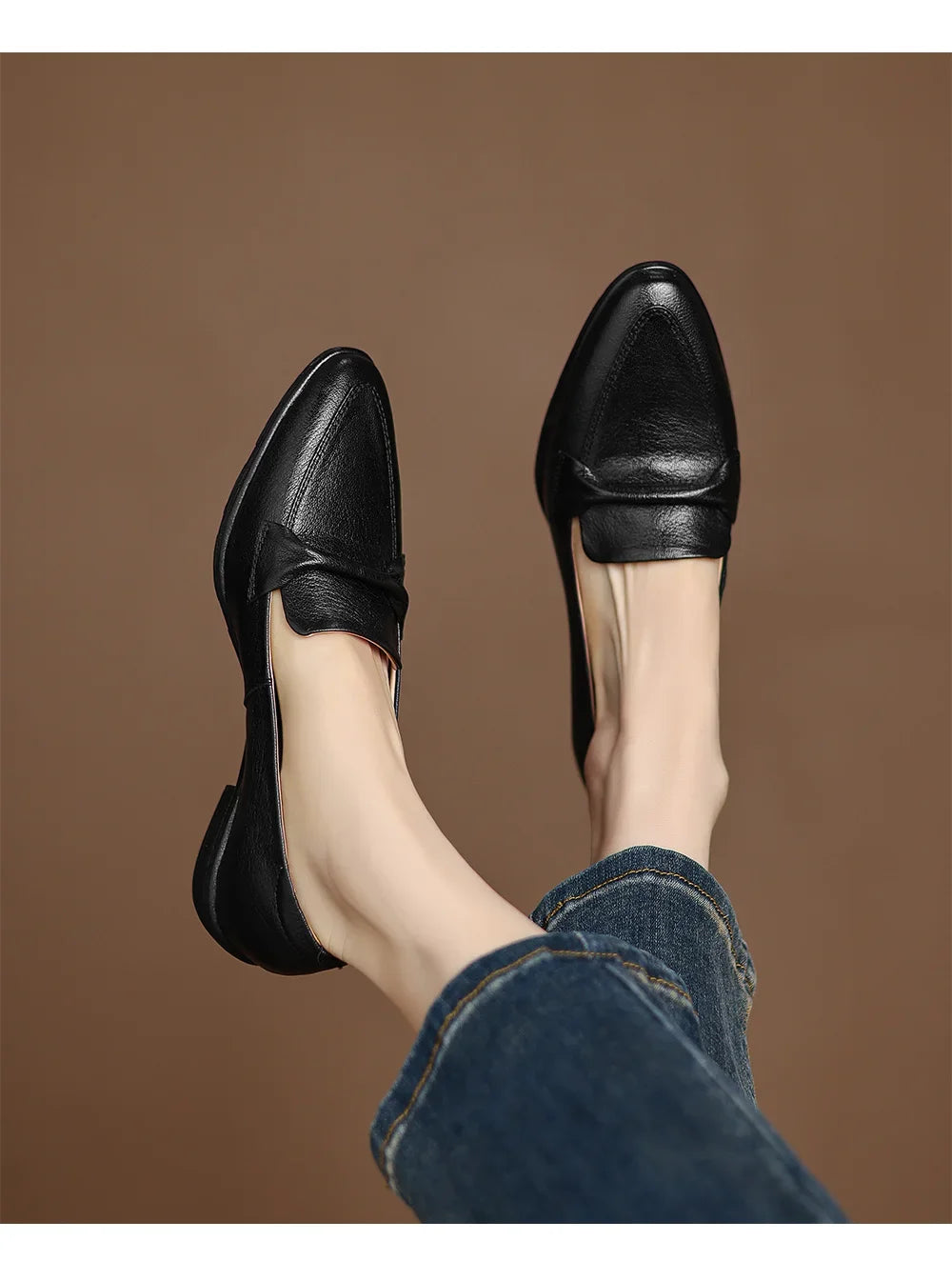 2025 spring autumn women pumps natural leather 22-25cm soft sheepskin+cowhide+pigskin pointed toe thick heel loafers women shoes