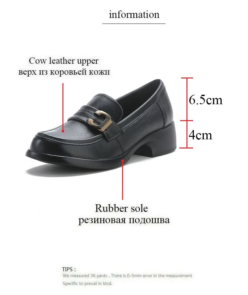 DRKANOL Fashion Genuine Leather Pumps Women Slip On Loafers British Style Retro Round Toe Metal Thick Heel Casual Shoes Big Size