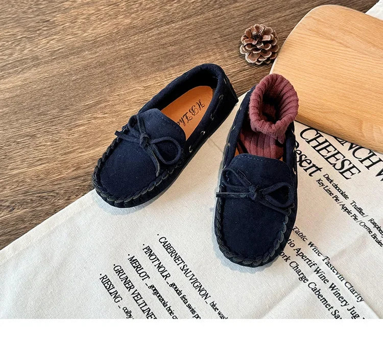 Children Casual Flats 2024 New Fabric Moccasin with Simple Bow Girls Minimalist Style Princess Shoes Anti Slip Wear-resistant