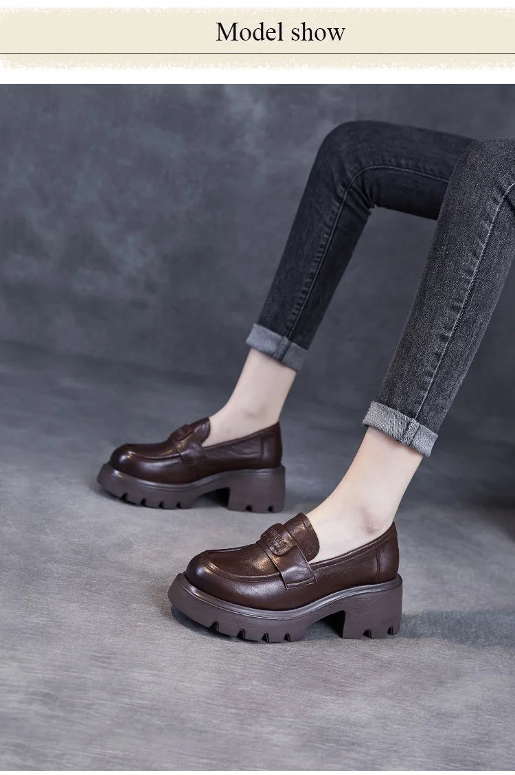 DRKANOL 2026 Spring Women Shoes Thick Heel Slip On Loafers Handmade Retro Chunky Platform Round Toe Pumps Ladies High Heel Shoes