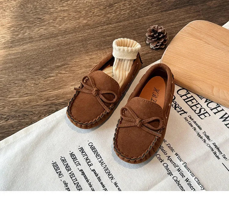 Children Casual Flats 2024 New Fabric Moccasin with Simple Bow Girls Minimalist Style Princess Shoes Anti Slip Wear-resistant