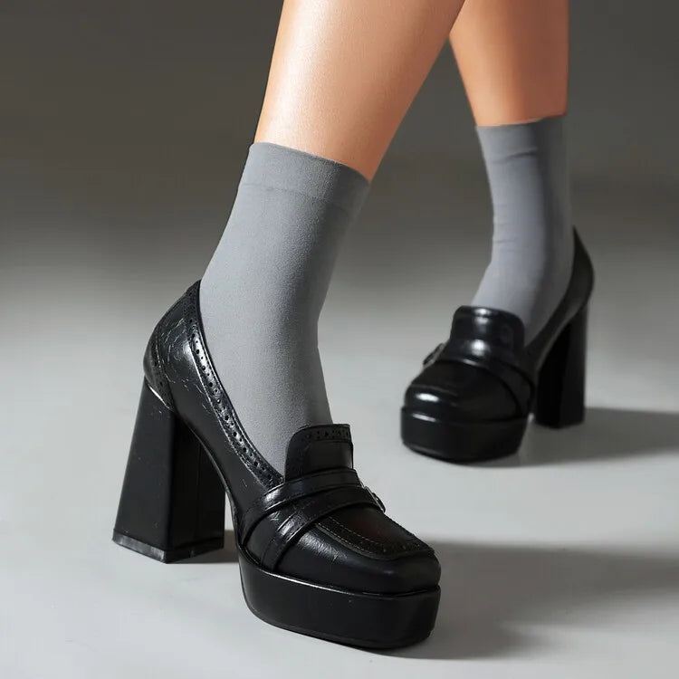 EAGSITY Pumps Brown Women Shoes Loafers Block Heel Platform Slip On Shoes Cosplay Wedding Party Pumps