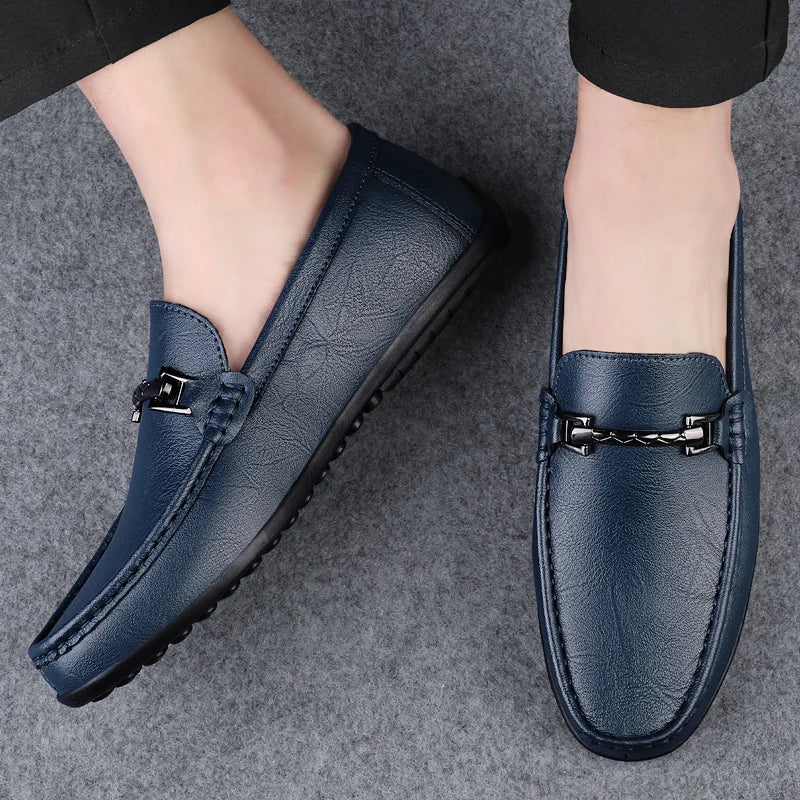 Mocassin Cuir Bleu Homme