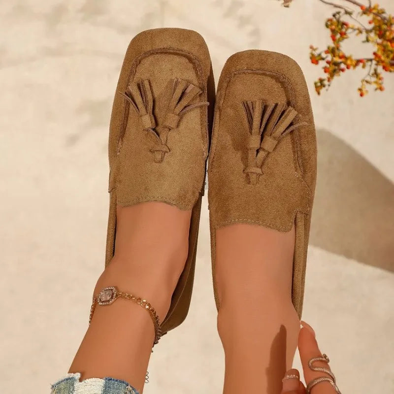 Casual Slip-on Women Square Toe Walking Driving Shoes Ladies Comfortable Loafers Tassels