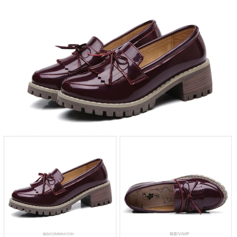 Loveontop Women Loafers Tassel Moccasins Bow-knot Round Toe Spring Autumn Ladies Slip-On Flats Handmade Genuine Leather Retro