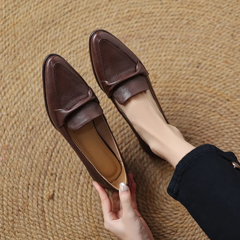 2025 spring autumn women pumps natural leather 22-25cm soft sheepskin+cowhide+pigskin pointed toe thick heel loafers women shoes