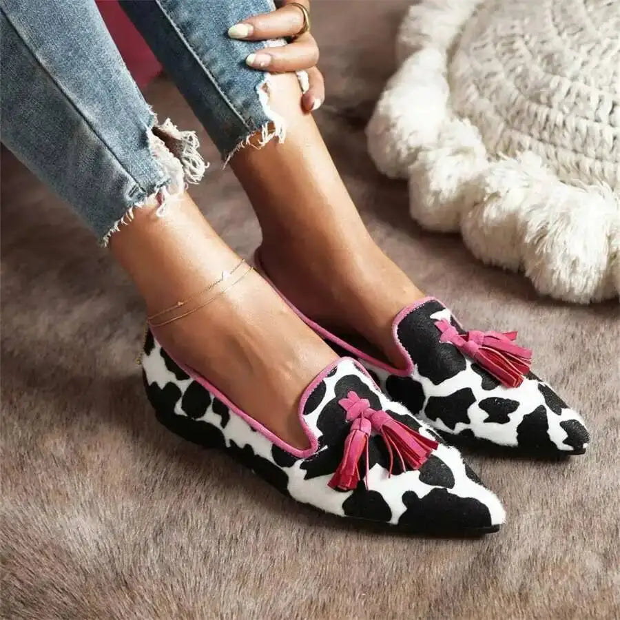 Cow Print Pointed Toe Loafers Women Shoes Tassel Slip‑on Casual Flat Shoes