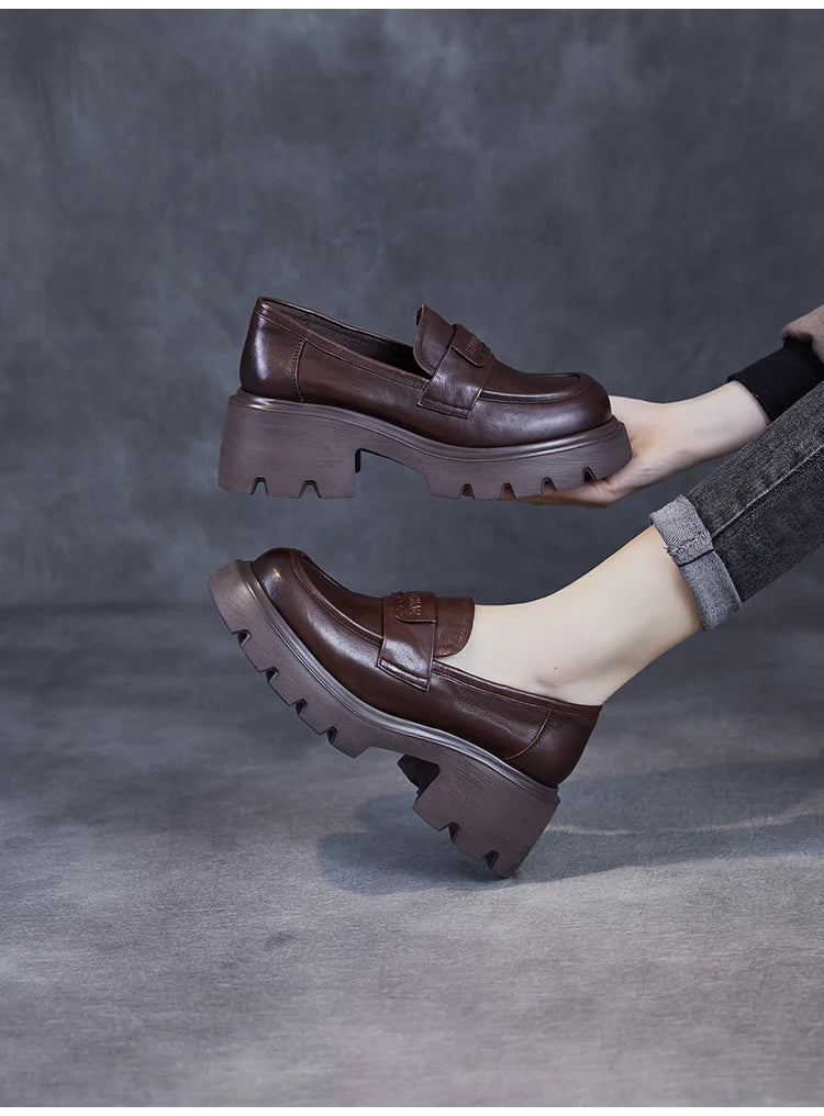 DRKANOL 2026 Spring Women Shoes Thick Heel Slip On Loafers Handmade Retro Chunky Platform Round Toe Pumps Ladies High Heel Shoes