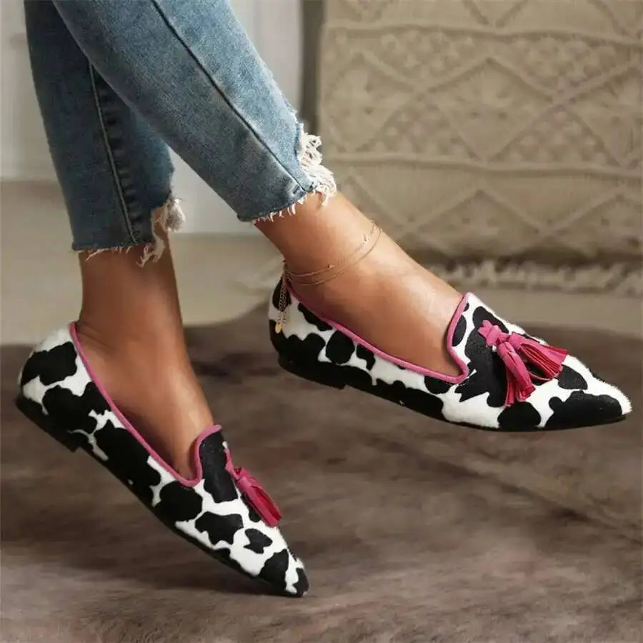 Cow Print Pointed Toe Loafers Women Shoes Tassel Slip‑on Casual Flat Shoes