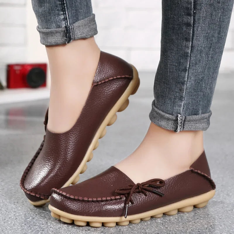 New Moccasins Women Flats 2026 Autumn Woman Loafers Genuine Leather Female Shoes Slip On Ballet Bowtie Women's Shoes Big Size