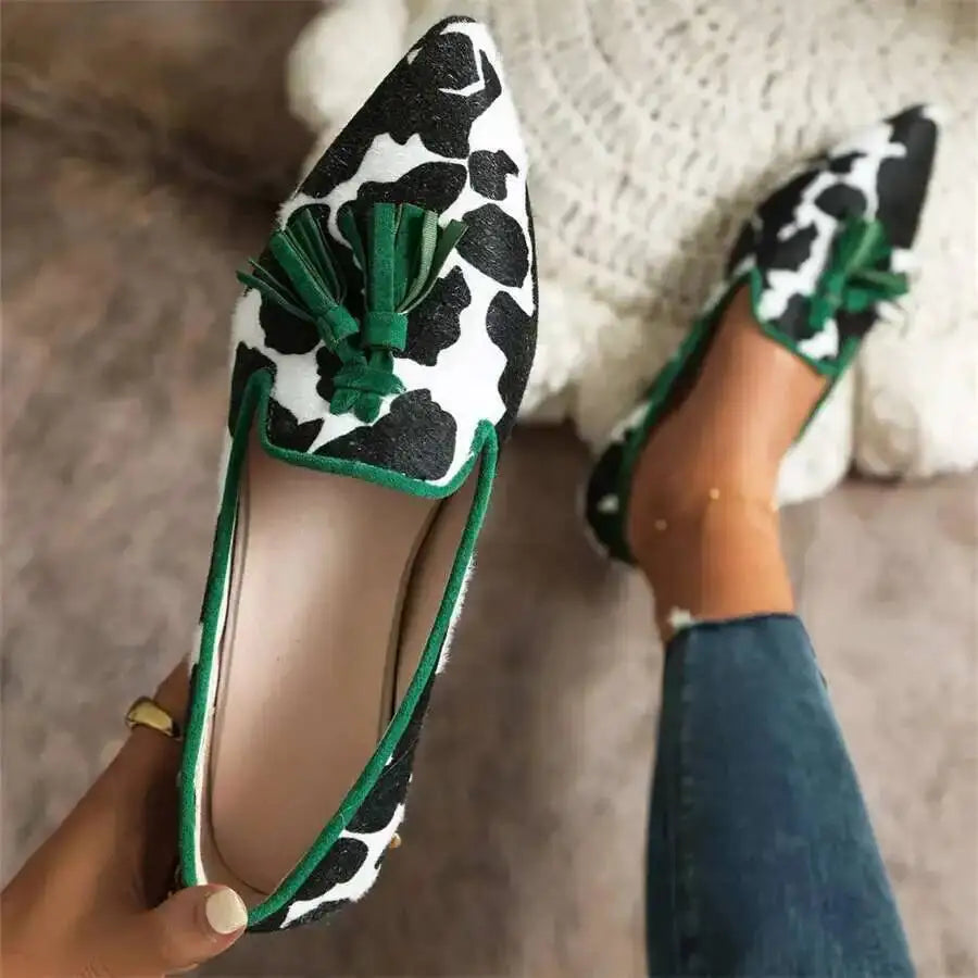 Cow Print Pointed Toe Loafers Women Shoes Tassel Slip‑on Casual Flat Shoes