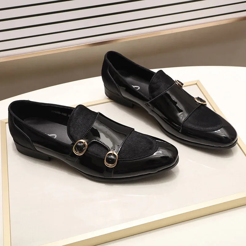 FELIX CHU Men's Patent Leather Monk Strap Dress Shoes Wedding Loafers Horse Hair Detail Casual Formal Party Gentlemen Footwear