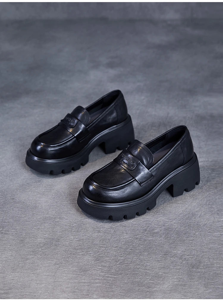 DRKANOL 2026 Spring Women Shoes Thick Heel Slip On Loafers Handmade Retro Chunky Platform Round Toe Pumps Ladies High Heel Shoes