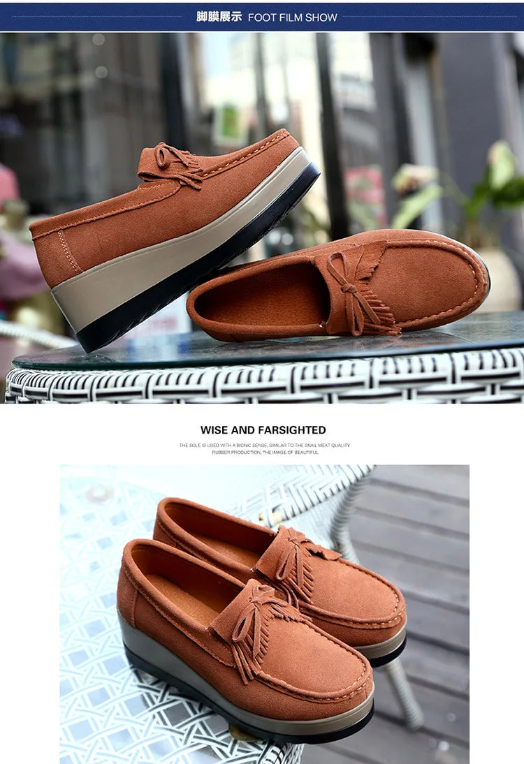 2025 Spring Platform Leather Flats Slip on Sneakers Designer Tassel Fringe Loafer Moccasins Fashon Green Suede Shoes of Women