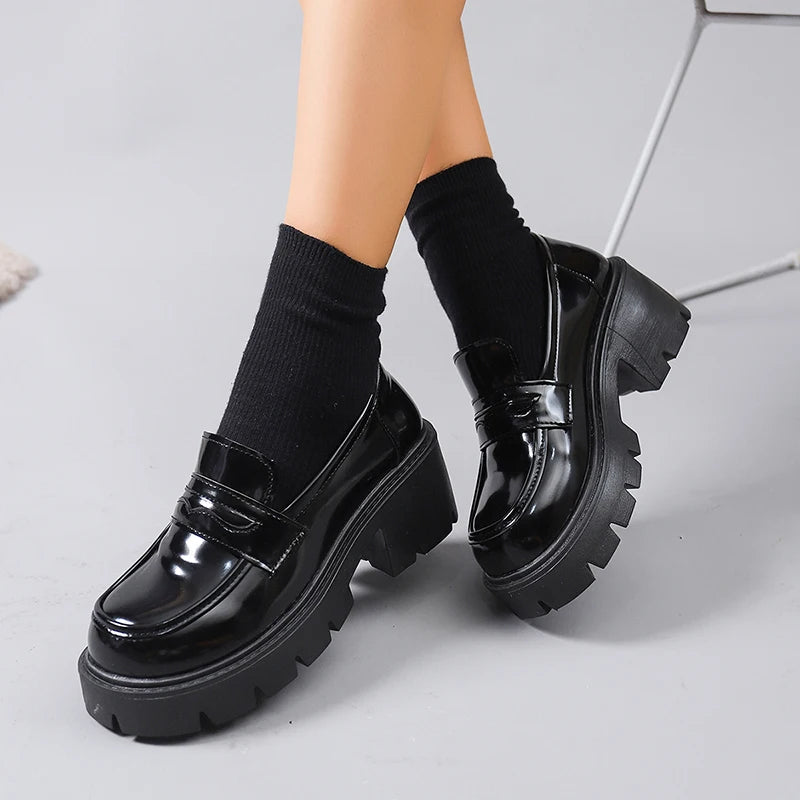British Style Thick Heels Loafers Women Fashion Slip On Chunky Platform Pumps Woman Plus Size 35-42 Pu Leather Student Shoes