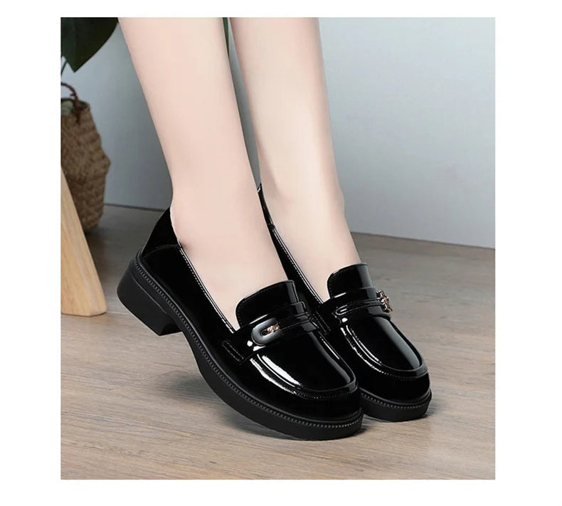 Spring Comfortable British Style Shallow Bright Leather Loafers Women Pumps  Square Heels Chunky Platform Shoes Office Size35-41