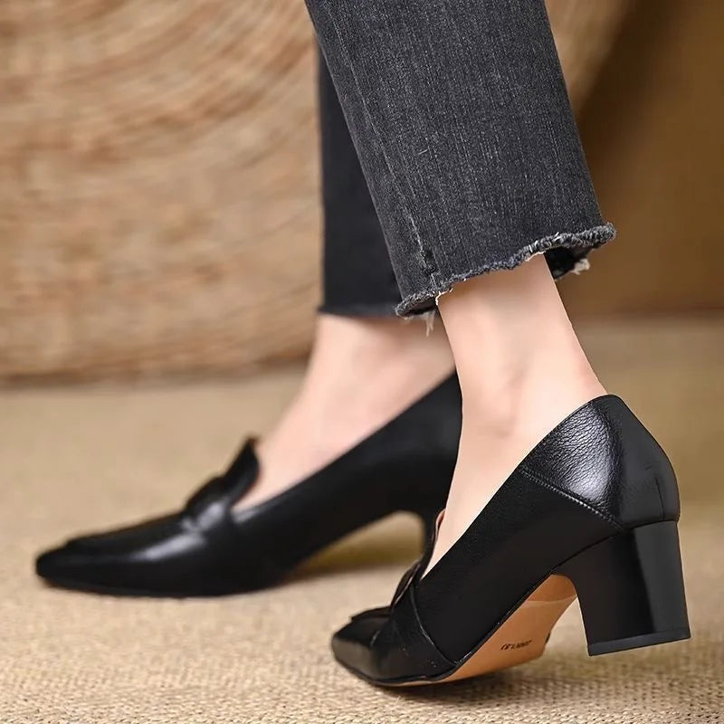 Retro Genuine Leather Pump High-Heeled Moccasins for Women New Style 2026 Pointed Toe Thick Heel Versatile Elegant Women's Shoes