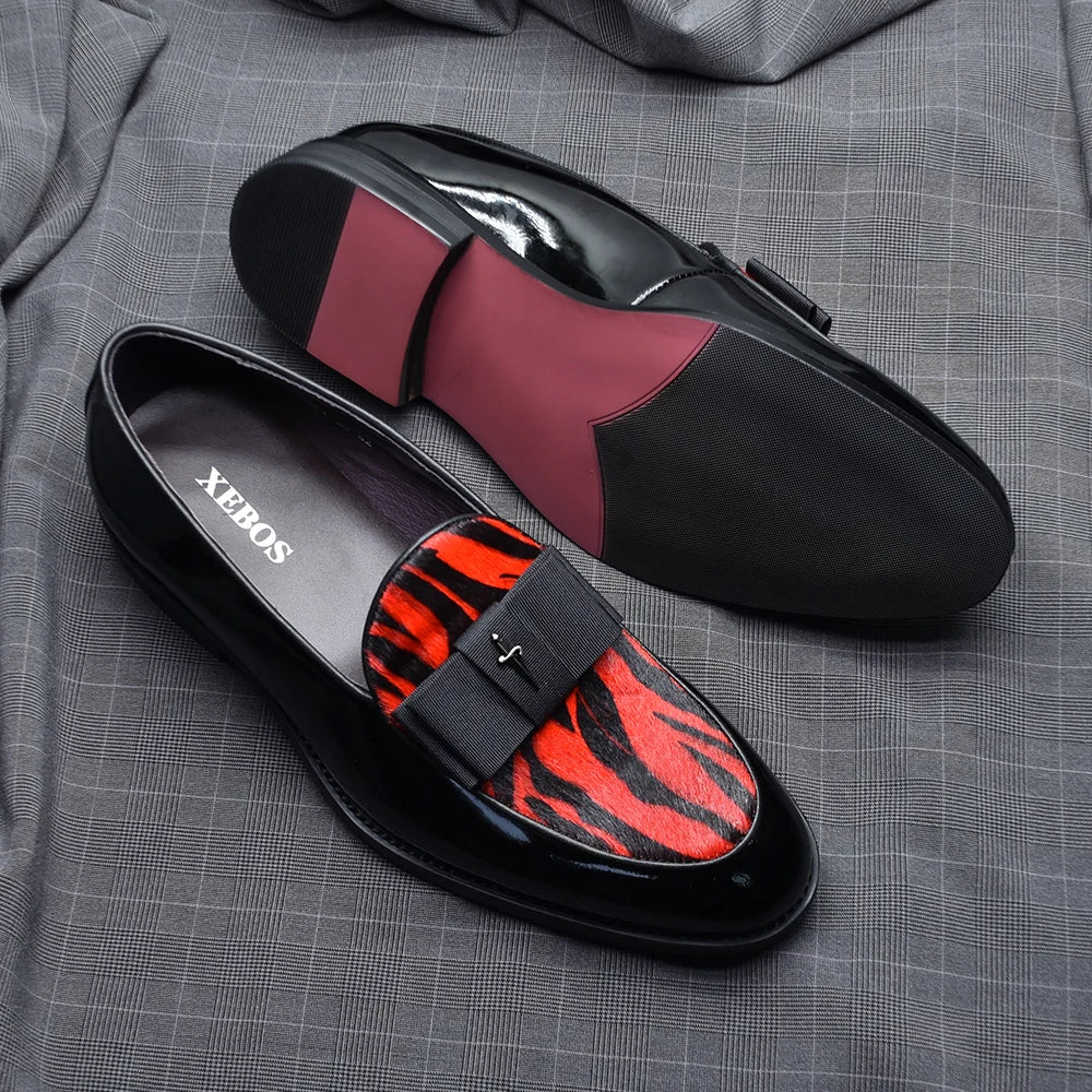 Black Red Luxury Genuine Patent Leather Men's Dress Loafer Shoes with Bowtie Wedding Party Banquet Slip-On Man Formal Shoes