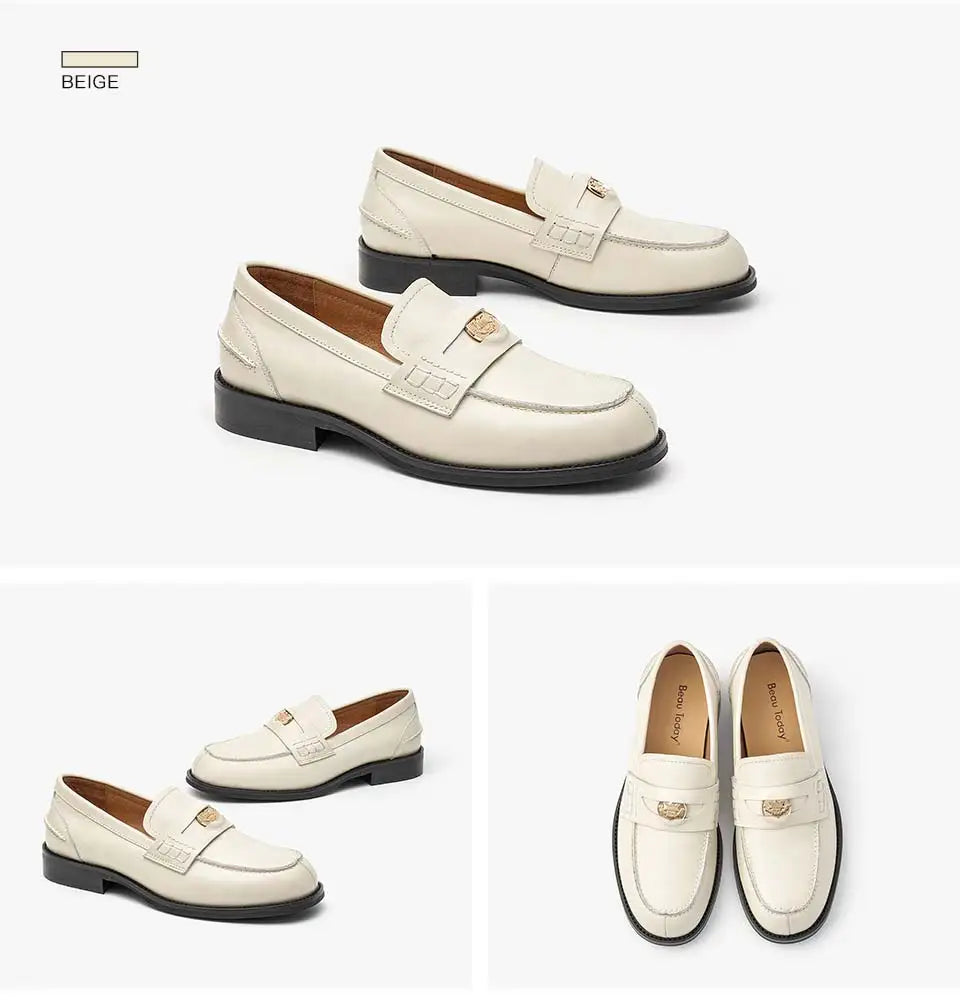 BeauToday Penny Loafers Women Genuine Calfskin Slip On Round Toe Square Heel Shallow Casual Spring Outdoor Ladies Shoes 26084