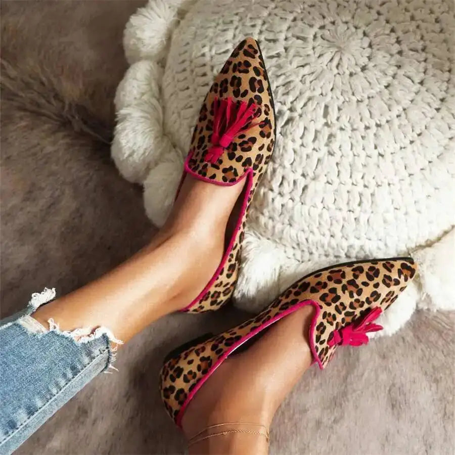Cow Print Pointed Toe Loafers Women Shoes Tassel Slip‑on Casual Flat Shoes