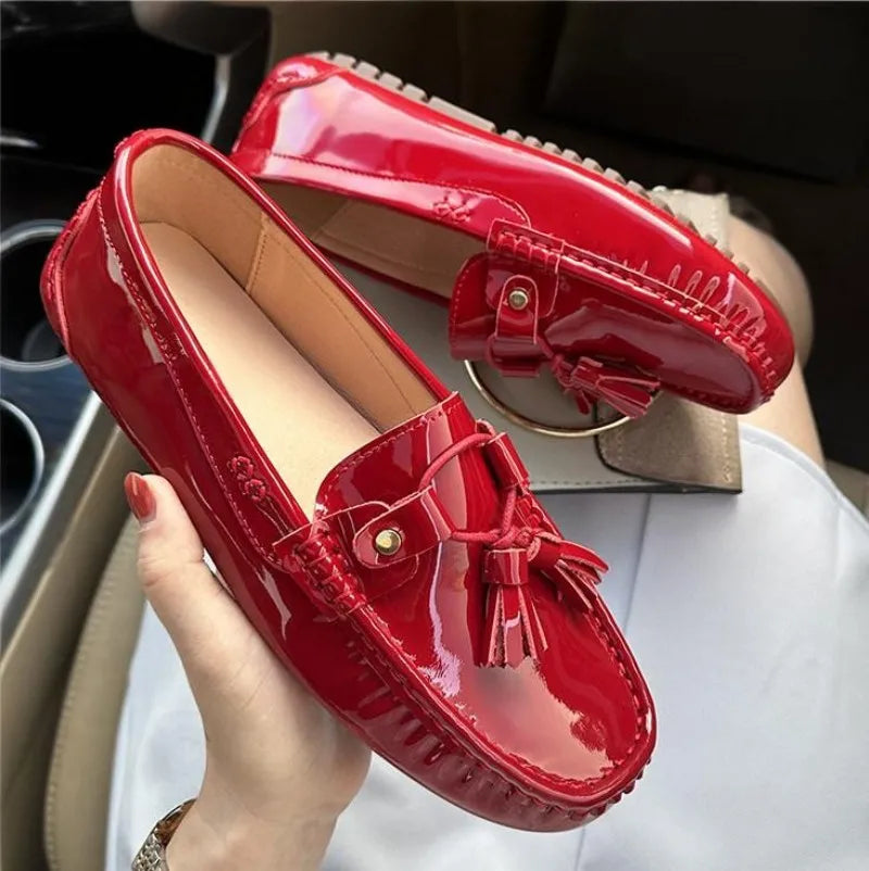 Office Ladies Comfortable Breathable Genuine Leather Flats Breathable Fashion Tassel Spring Summer Women Patent Leather Loafers