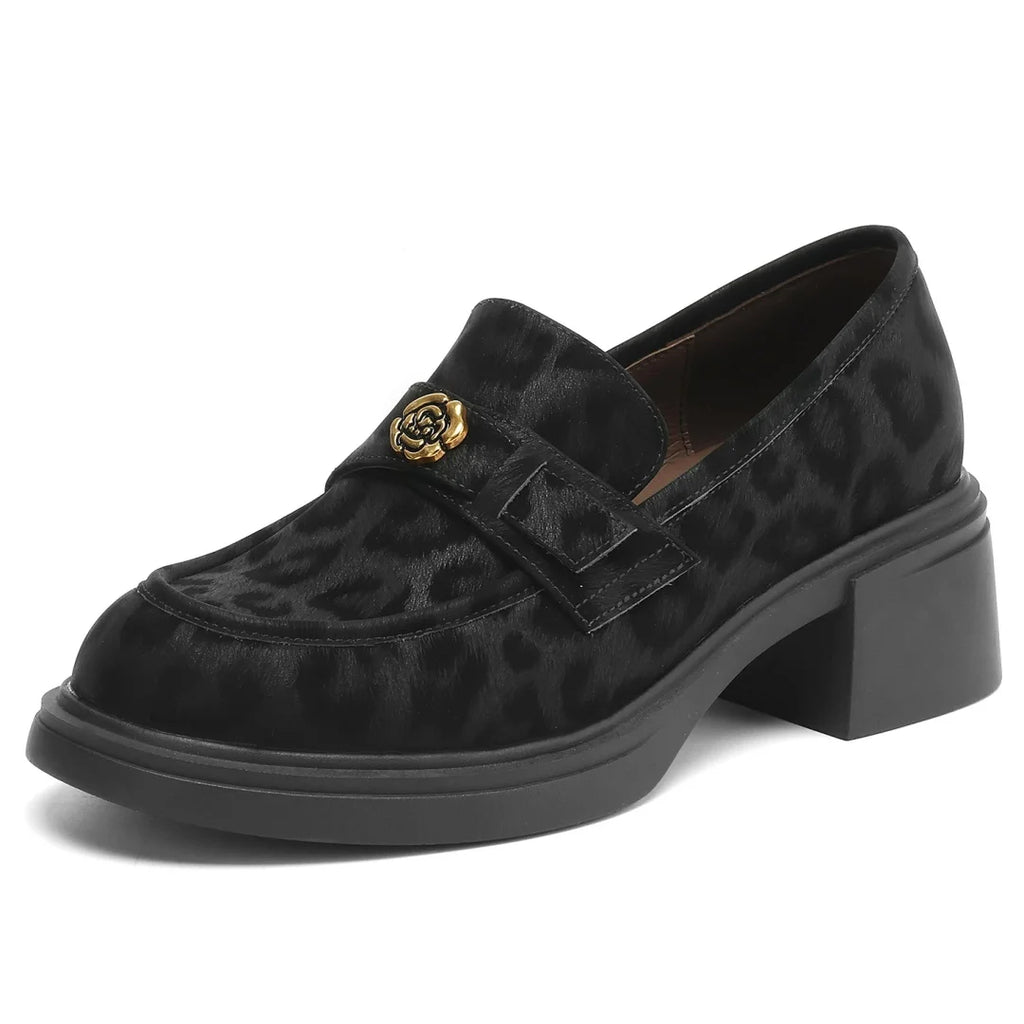 Women's leopard cow leather 5cm chunky heel platform slip-on loafers high quality soft comfortable causal female moccasins shoes