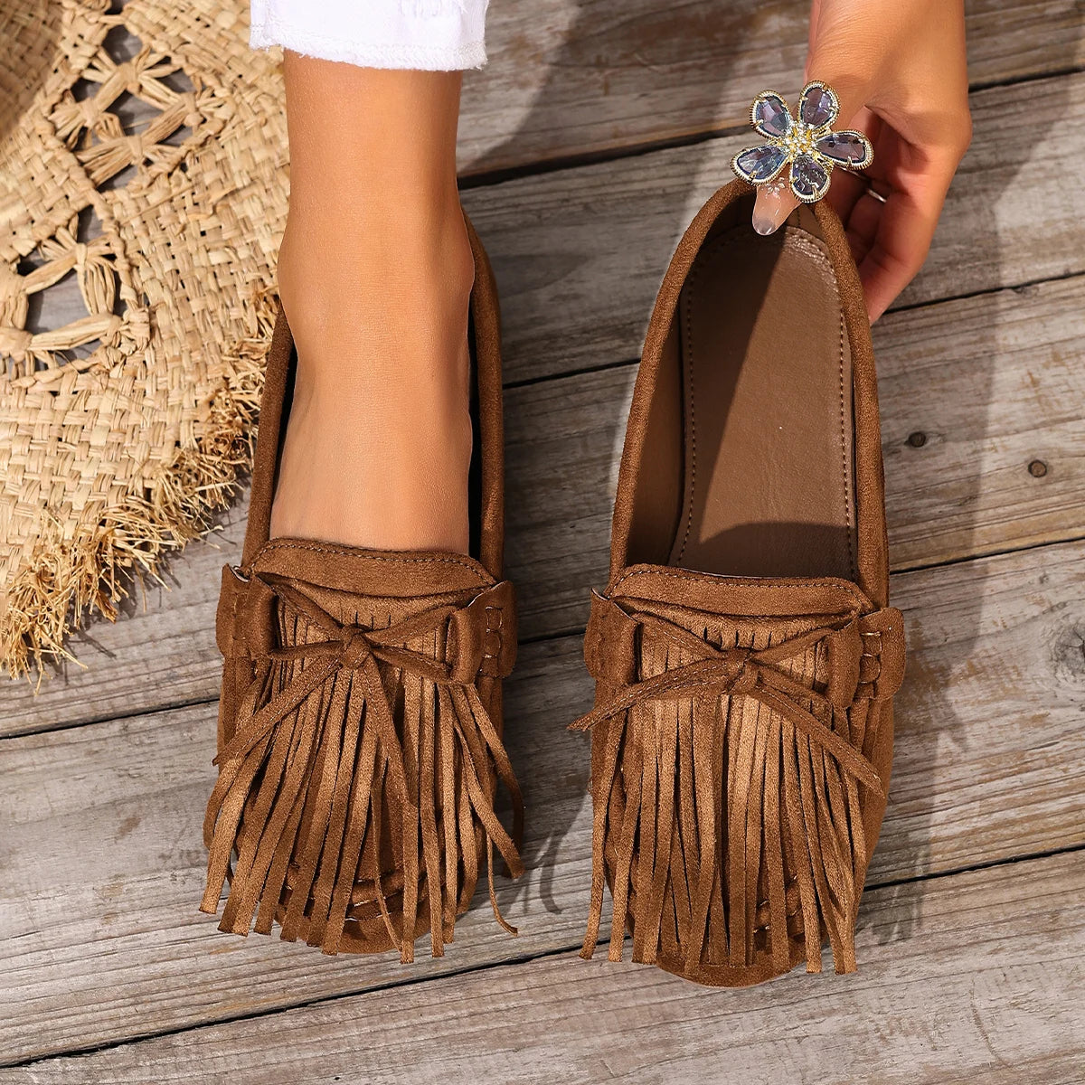 Summer Tassel Loafers for Women, Retro Suede Flat Shoes, Bohemian Style Slip-On Bean Shoes, Versatile Women's Shoes