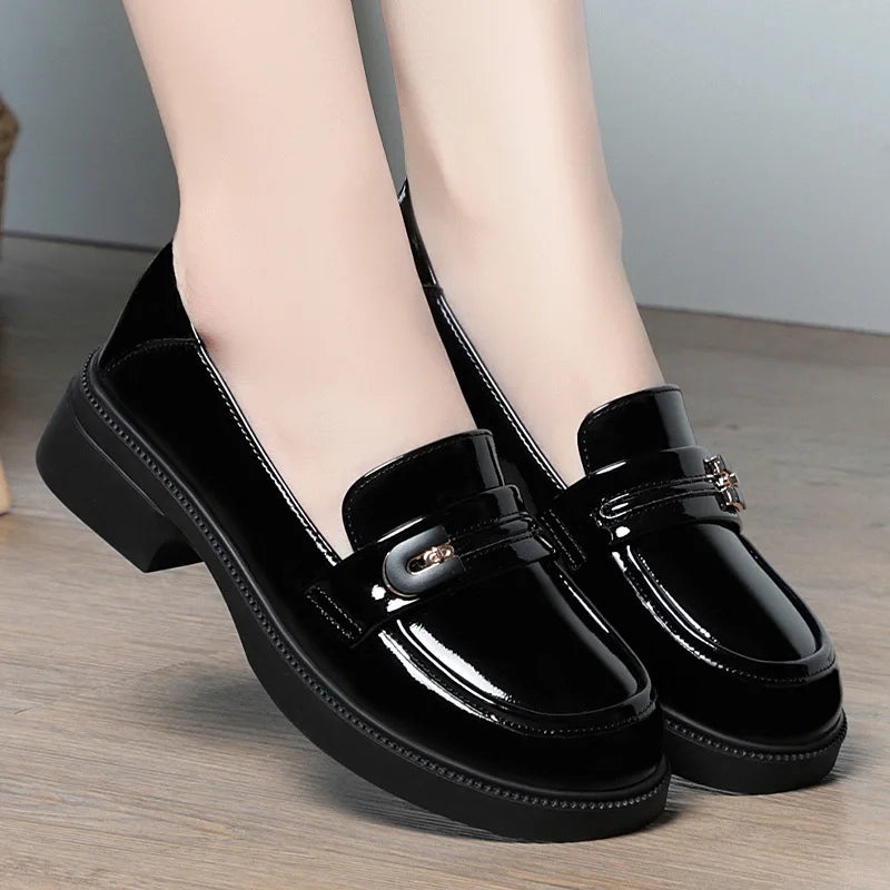 Spring Comfortable British Style Shallow Bright Leather Loafers Women Pumps  Square Heels Chunky Platform Shoes Office Size35-41