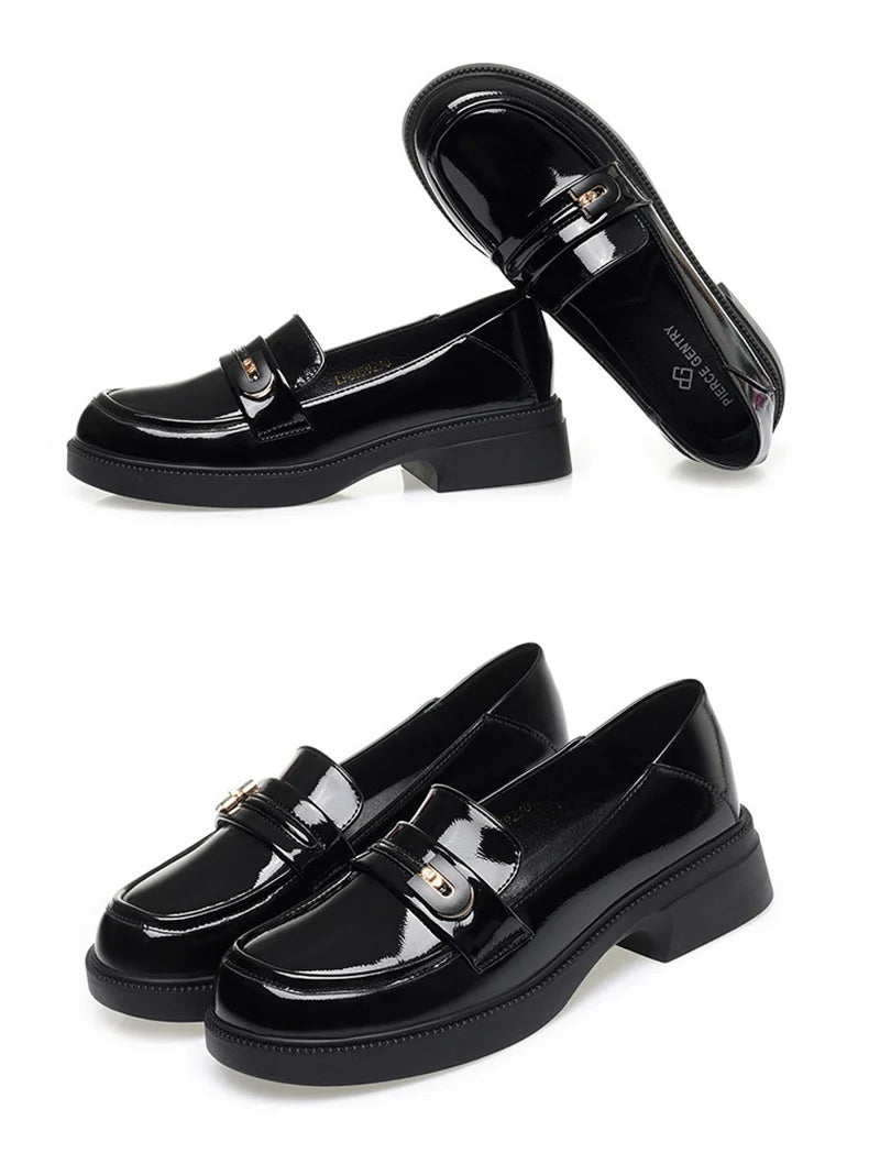 Spring Comfortable British Style Shallow Bright Leather Loafers Women Pumps  Square Heels Chunky Platform Shoes Office Size35-41